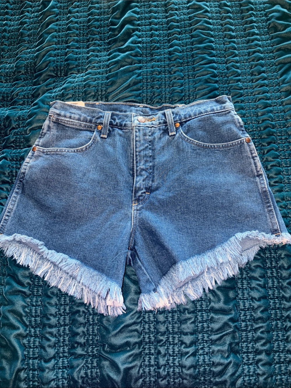 Wrangler Blue Frayed Hem High-Waist Denim Shorts